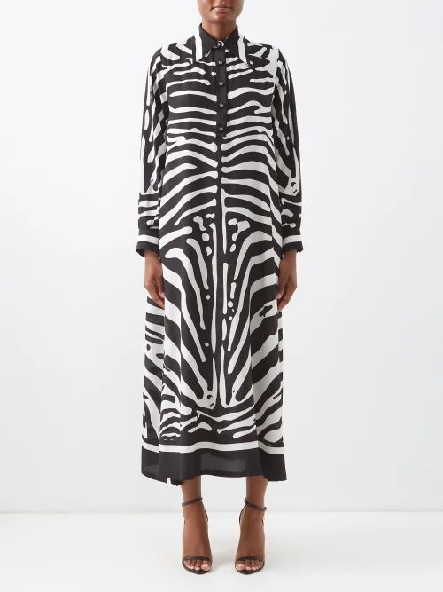 Zebra-print Crepe De Chine Maxi Shirt Dress - Womens - Black White