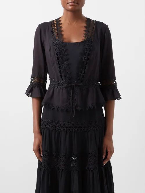 Edda Guipure-lace Drawstring Cotton-blend Top - Womens - Black