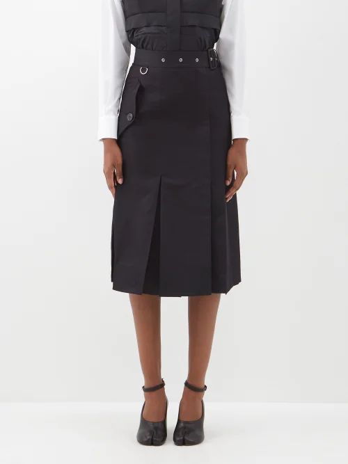 Belted Cotton-blend Midi Skirt - Womens - Black