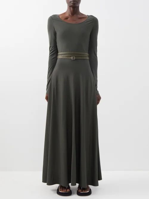 Scoop-neck Belted Jersey Midi Dress - Womens - Khaki