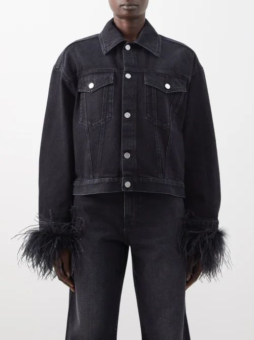 Ostrich-feather Cuff Denim Jacket - Womens - Black