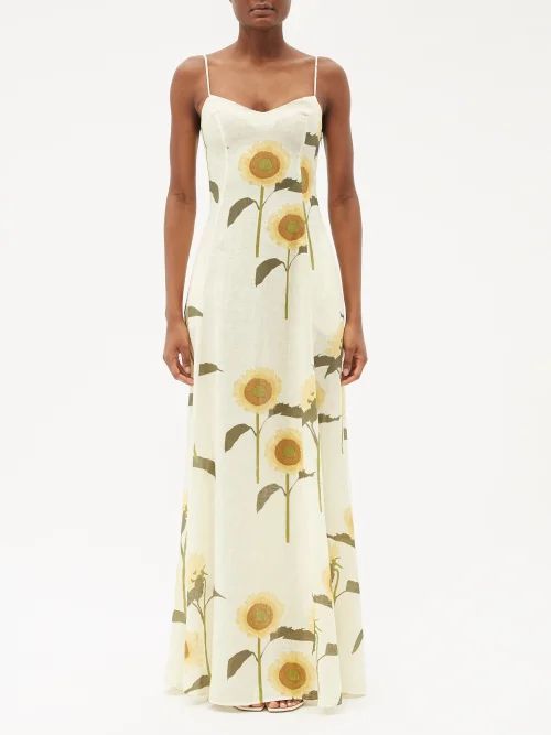 Aria Sunflower-print Linen Maxi Dress - Womens - Cream Multi