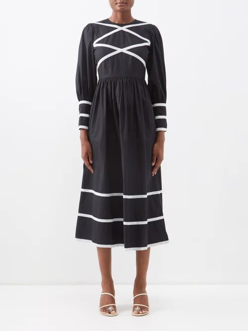 Clemmie Ribbon-appliqué Cotton Midi Dress - Womens - Black White