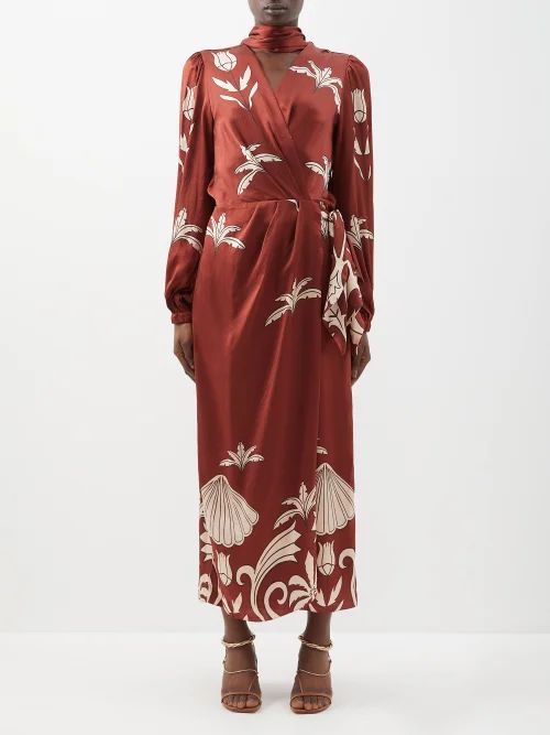 Palm Tree-print Silk Wrap Dress - Womens - Terracotta Multi