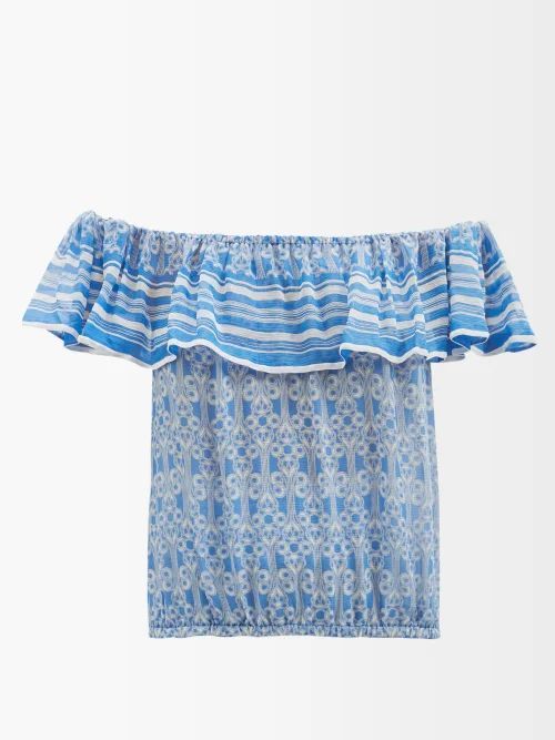 Capri Off-the-shoulder Printed Silk-chiffon Top - Womens - Blue Print