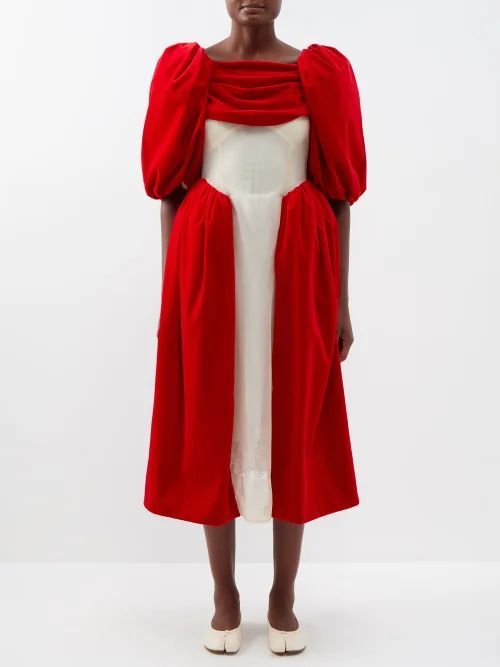 Puff-sleeved Organza-insert Cotton-velvet Dress - Womens - Red