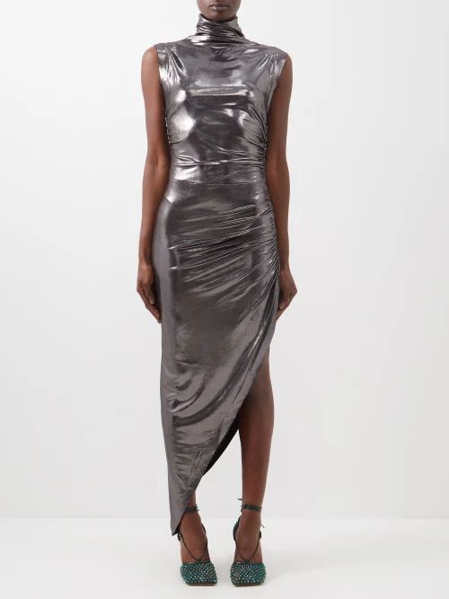 Roll-neck Asymmetrical Lamé Dress - Womens - Grey Silver