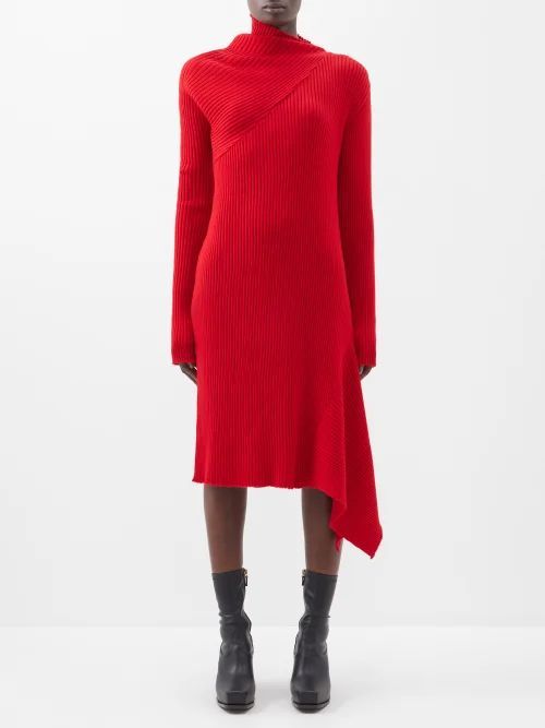 Draped Asymmetric Ribbed Merino Dress - Womens - Red