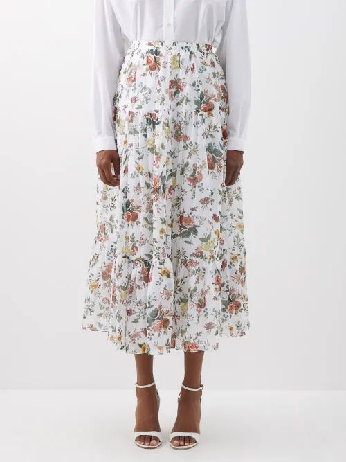 Vacation Olympia Floral-print Cotton Midi Skirt - Womens - White Multi