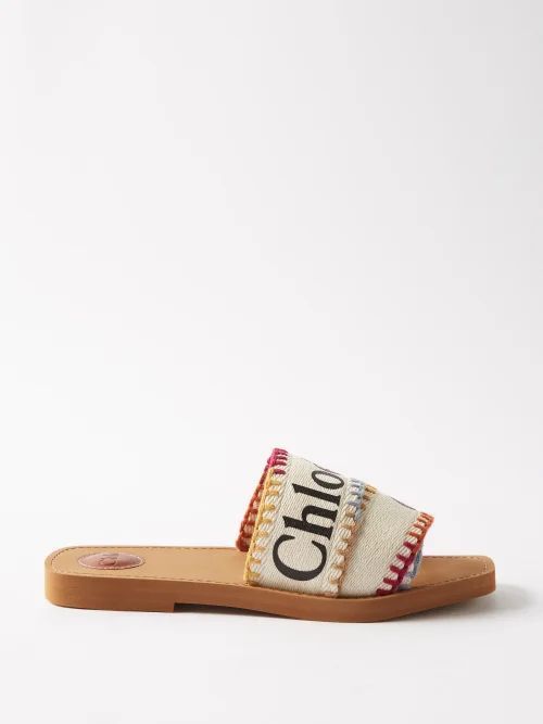 Woody Embroidered Canvas Slides - Womens - White Multi