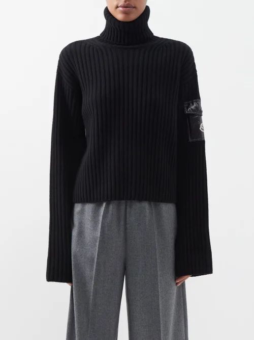 Carded Roll-neck Flap-pocket Wool Sweater - Womens - Black