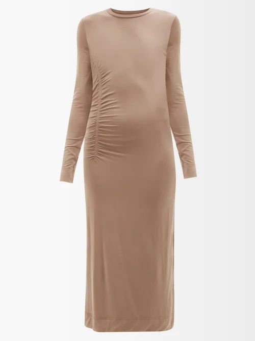 Ruched Tencel-blend Jersey Midi Dress - Womens - Brown Beige