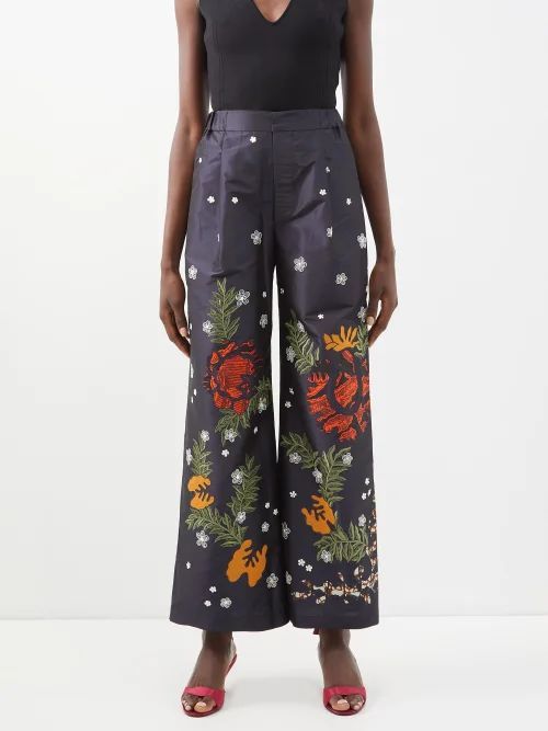 Fenora Embroidered Silk-blend Taffeta Culottes - Womens - Navy Multi
