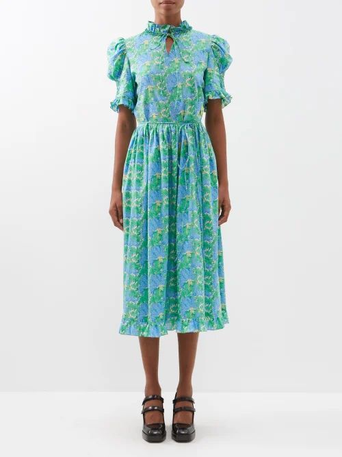 Leandra Puff-sleeved Printed Cotton Dress - Womens - Blue Green