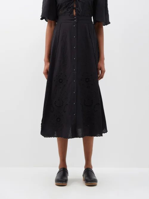 Kiara Floral-embroidered Button-down Skirt - Womens - Black