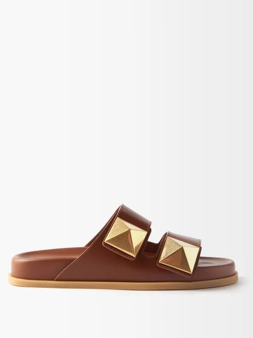 One Stud Leather Slides - Womens - Brown