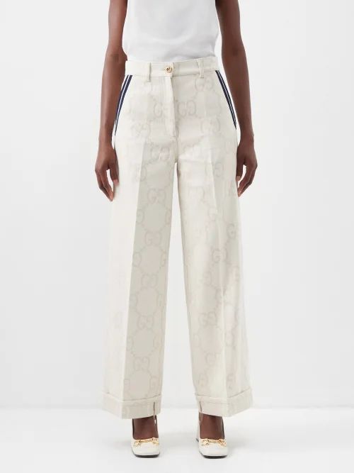 Pleated Cotton-blend Gg-jacquard Trousers - Womens - Ivory