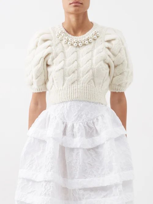 Faux Pearl-embellished Cable-knit Sweater - Womens - Ivory