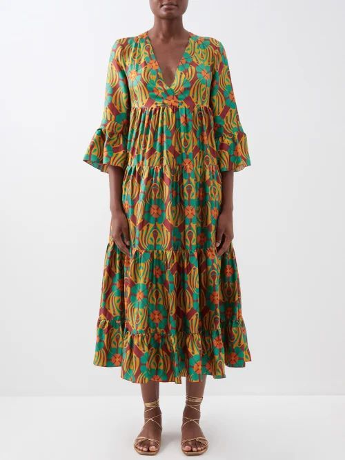Jennifer Jane Printed Silk-twill Maxi Dress - Womens - Green Multi