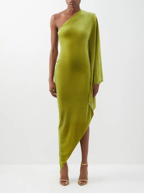 Asymmetric Draped-velour Dress - Womens - Green
