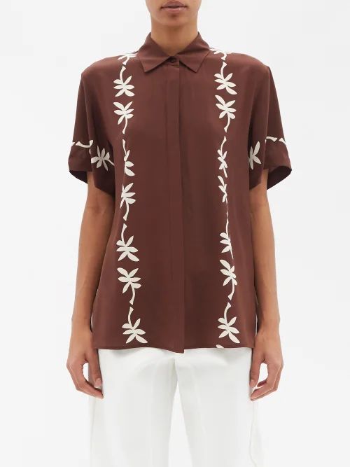 Cocos Floral-print Silk-crepe Shirt - Womens - Brown Print