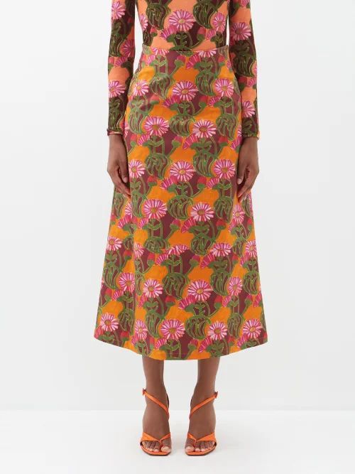 Gerber-print Cotton-blend Midi Skirt - Womens - Orange Multi