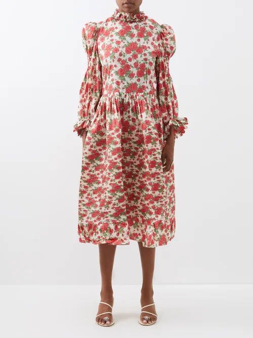 Claire Floral-print Pintucked Cotton Midi Dress - Womens - Red Multi