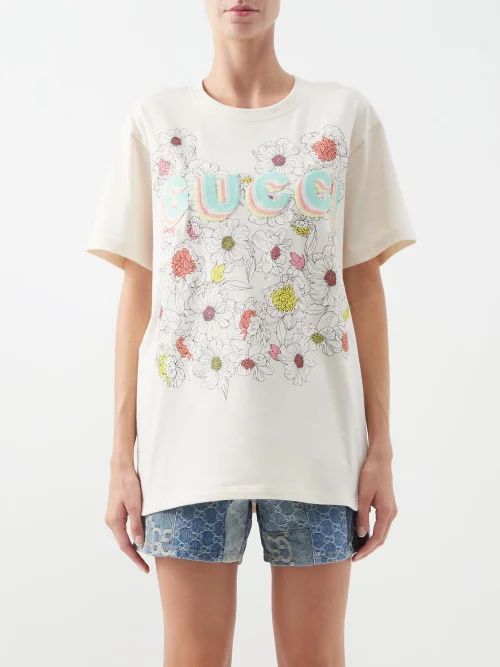 Floral-print Cotton-jersey T-shirt - Womens - Ivory Multi