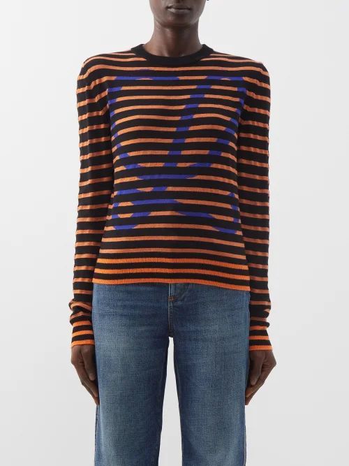Logo-jacquard Striped Wool Sweater - Womens - Black Orange