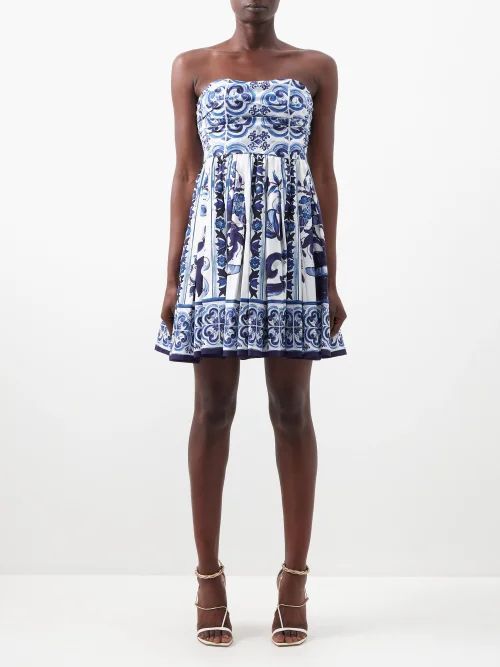 Majolica-print Cotton-poplin Mini Dress - Womens - Blue White