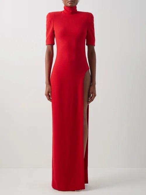 Padded-shoulder Side-slit Crepe Dress - Womens - Red