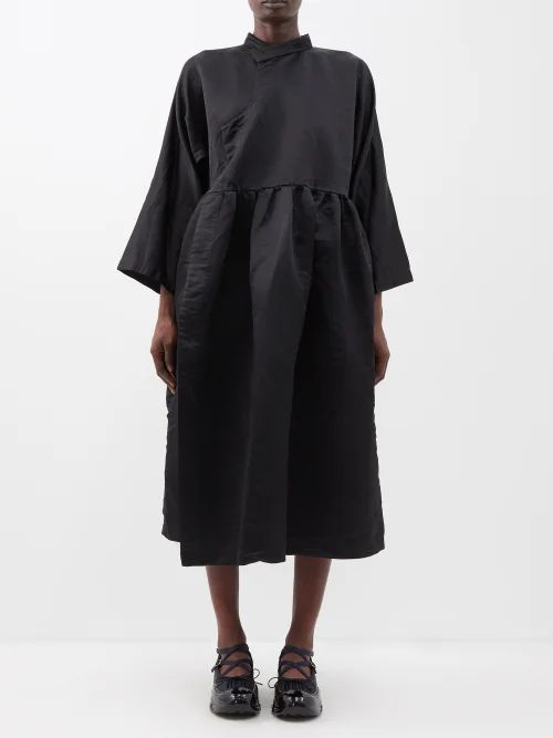 Smock-waist Wool-satin Midi Dress - Womens - Black