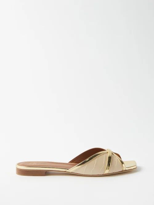 Perla Croc-effect Leather Slides - Womens - Beige Gold