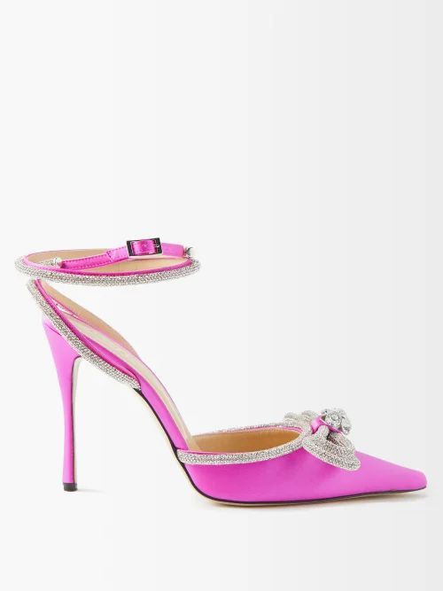Double-bow 110 Crystal-embellished Satin Pumps - Womens - Pink
