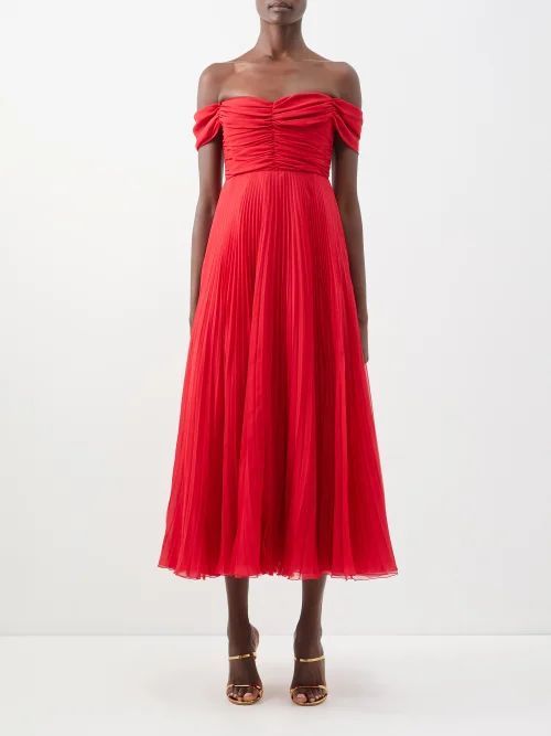 Off-the-shoulder Pleated Silk-georgette Dress - Womens - Red