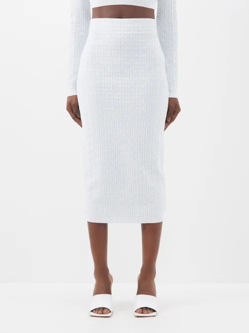 High-rise Monogrammed Knitted Pencil Skirt - Womens - Pale Blue