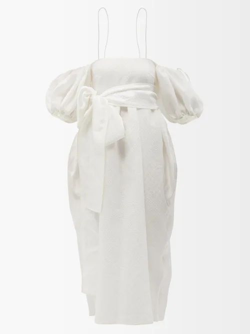 Joel Puff-sleeve Jacquard Midi Dress - Womens - White