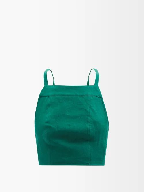 Wendy Lace-back Linen-cambric Crop Top - Womens - Dark Green