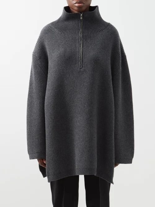 Fisherman Zipped Wool-blend Roll-neck Sweater - Womens - Dark Grey