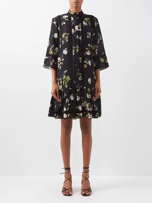 Bertram Cahun Garden-print Lace-trim Silk Dress - Womens - Black Multi