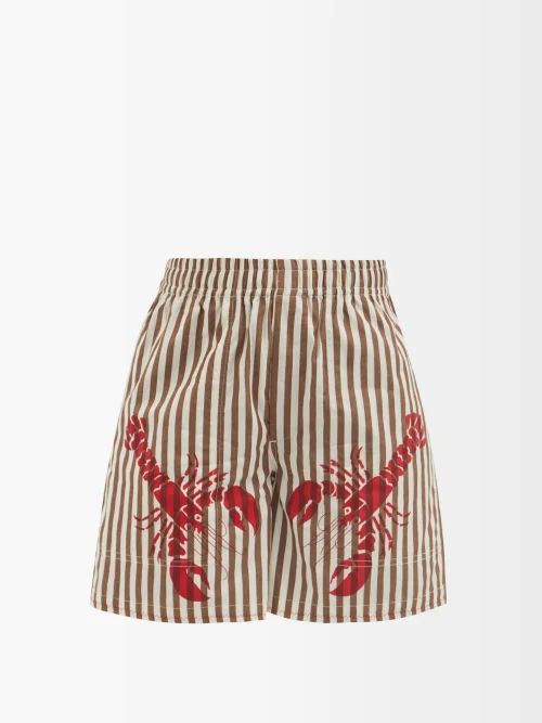 Lobster-print Striped Cotton Shorts - Womens - Brown Multi