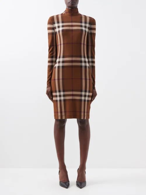 High-neck Check-print Jersey Dress - Womens - Brown Multi