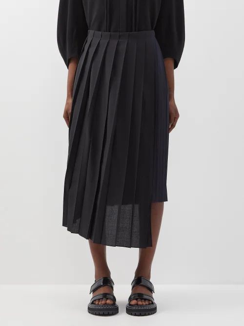 Asymmetric Pleated Wool-blend Midi Skirt - Womens - Black