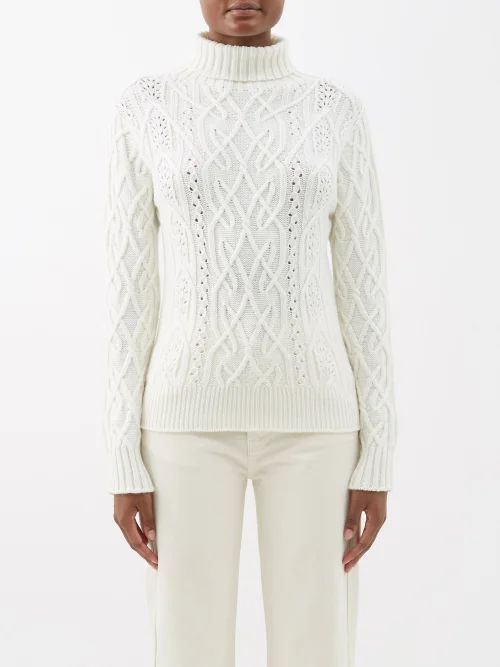 Cable-knit Cashmere Roll-neck Sweater - Womens - White / Ivory