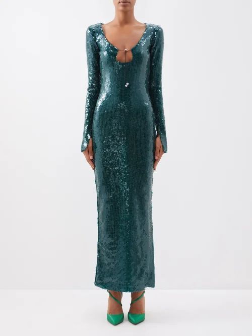 Solaria Keyhole-neck Sequinned-tulle Maxi Dress - Womens - Green