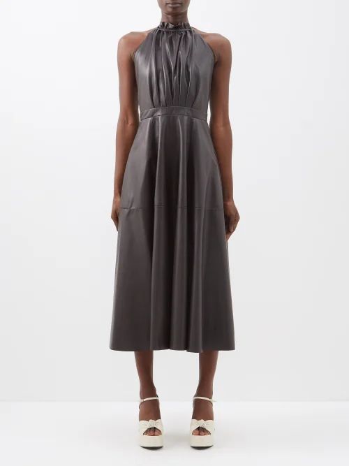 Giovanna Leather Halterneck Midi Dress - Womens - Brown