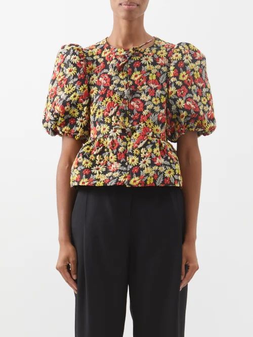 Meadow-jacquard Puff-sleeve Blouse - Womens - Black Floral