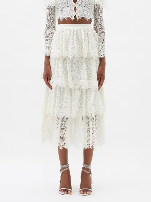 Tiered Guipure-lace Cotton-blend Skirt - Womens - White