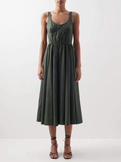 Gathered-bodice Cotton Midi Dress - Womens - Dark Green