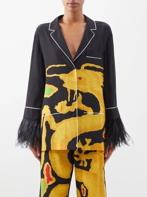 Feather-trim Dragon-print Silk Blouse - Womens - Black Multi